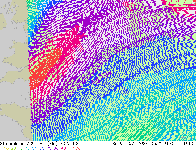 风 300 hPa ICON-D2 星期六 06.07.2024 03 UTC