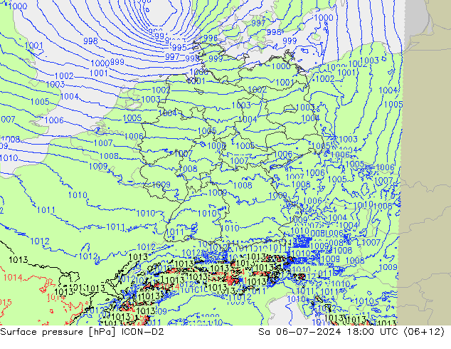 地面气压 ICON-D2 星期六 06.07.2024 18 UTC