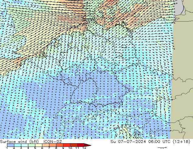 Wind 10 m (bft) ICON-D2 zo 07.07.2024 06 UTC