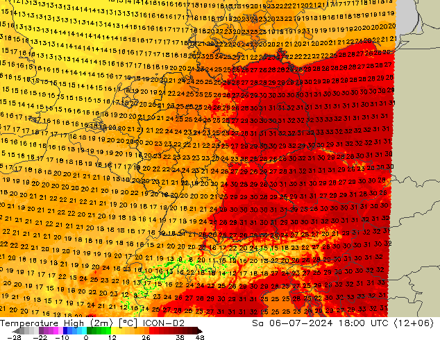 Temperature High (2m) ICON-D2 星期六 06.07.2024 18 UTC