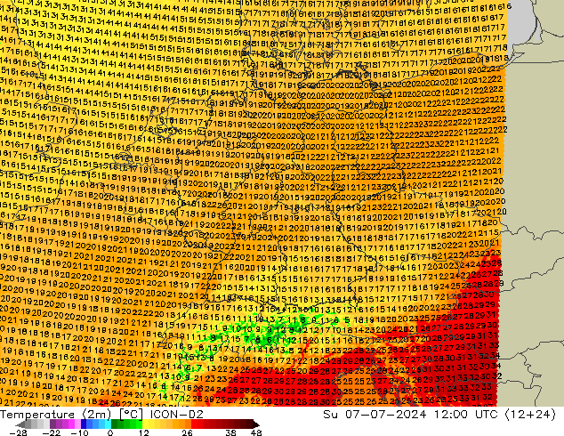 温度图 ICON-D2 星期日 07.07.2024 12 UTC