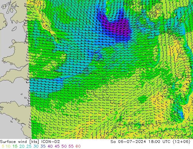 Wind 10 m ICON-D2 za 06.07.2024 18 UTC