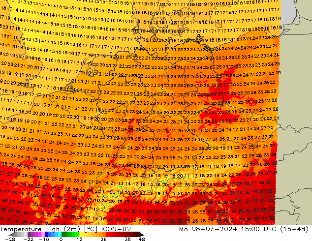 Max.temperatuur (2m) ICON-D2 ma 08.07.2024 15 UTC