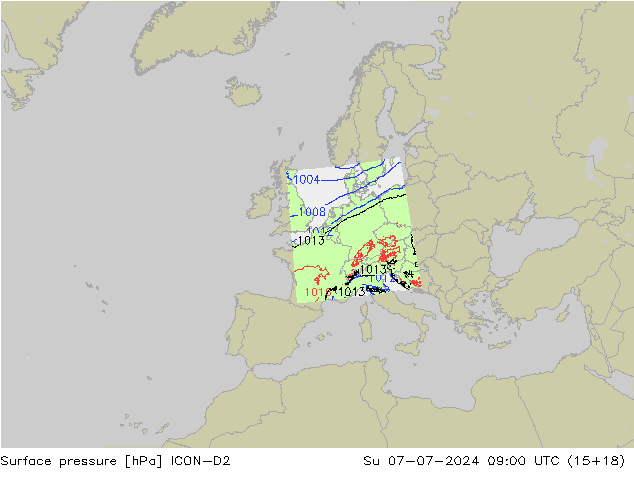 Luchtdruk (Grond) ICON-D2 zo 07.07.2024 09 UTC