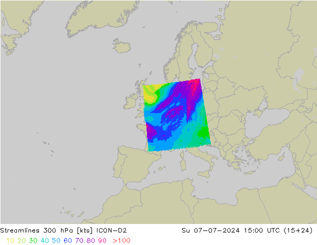 Stroomlijn 300 hPa ICON-D2 zo 07.07.2024 15 UTC