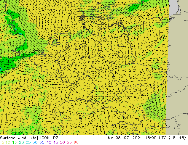 风 10 米 ICON-D2 星期一 08.07.2024 18 UTC