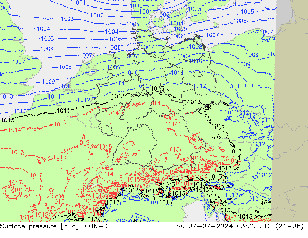 地面气压 ICON-D2 星期日 07.07.2024 03 UTC