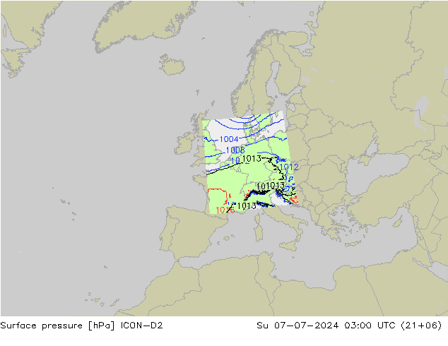 Luchtdruk (Grond) ICON-D2 zo 07.07.2024 03 UTC