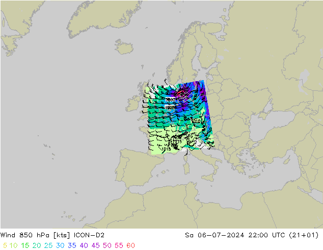 风 850 hPa ICON-D2 星期六 06.07.2024 22 UTC