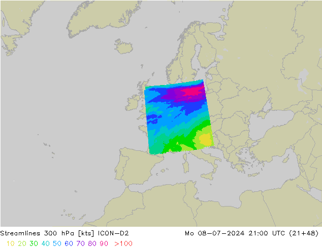 风 300 hPa ICON-D2 星期一 08.07.2024 21 UTC