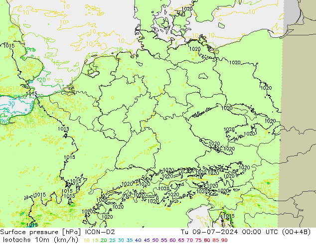 10米等风速线 (kph) ICON-D2 星期二 09.07.2024 00 UTC