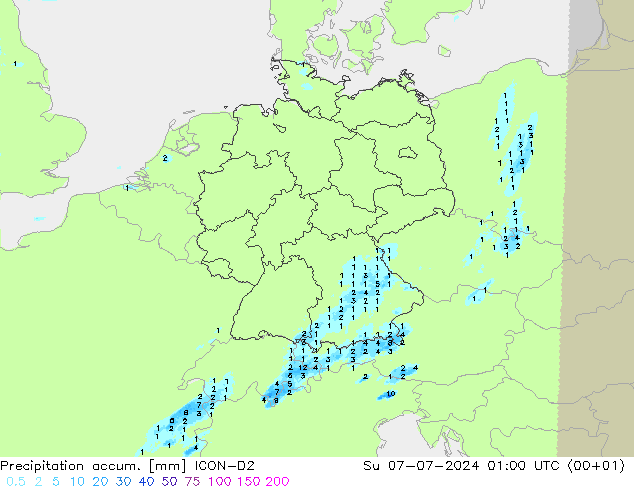 Precipitation accum. ICON-D2 星期日 07.07.2024 01 UTC