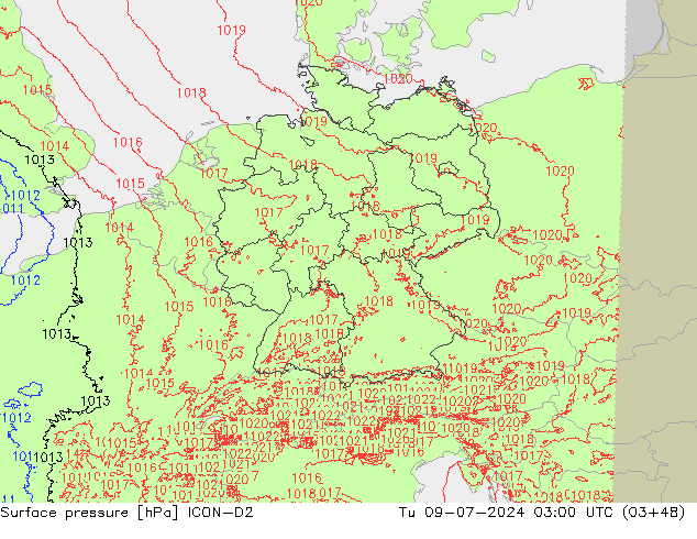 Luchtdruk (Grond) ICON-D2 di 09.07.2024 03 UTC