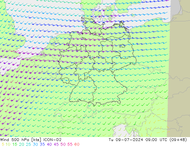 风 500 hPa ICON-D2 星期二 09.07.2024 09 UTC