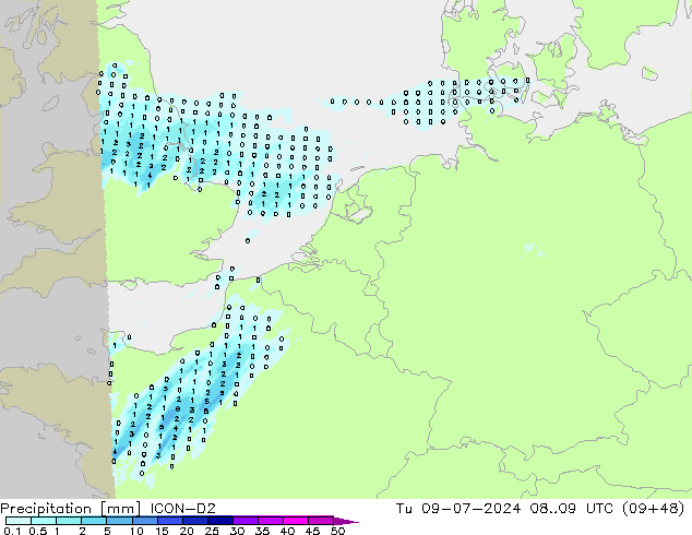 降水 ICON-D2 星期二 09.07.2024 09 UTC