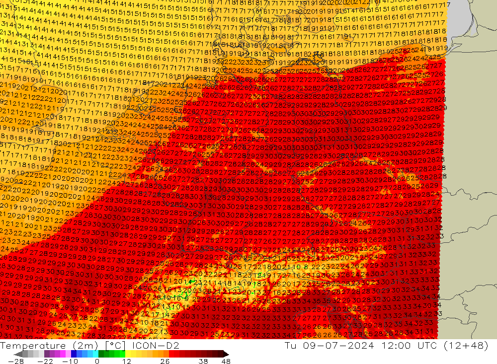Temperatuurkaart (2m) ICON-D2 di 09.07.2024 12 UTC