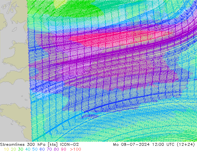 Stroomlijn 300 hPa ICON-D2 ma 08.07.2024 12 UTC