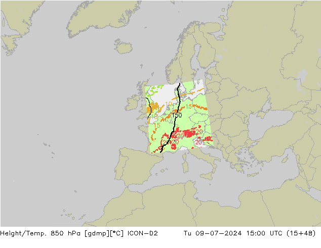 Height/Temp. 850 hPa ICON-D2 星期二 09.07.2024 15 UTC
