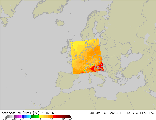Temperatuurkaart (2m) ICON-D2 ma 08.07.2024 09 UTC