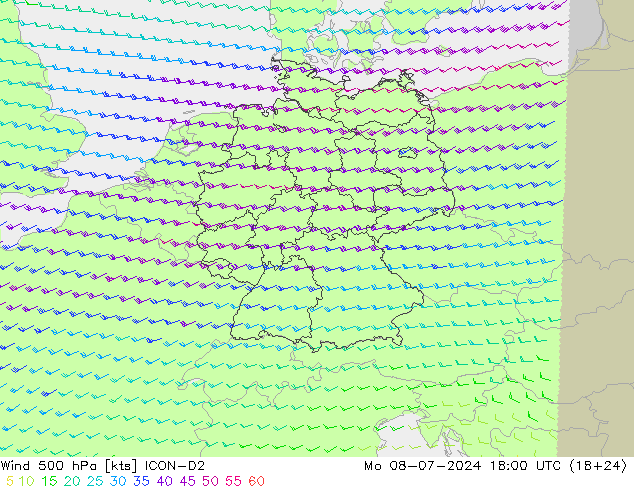 风 500 hPa ICON-D2 星期一 08.07.2024 18 UTC