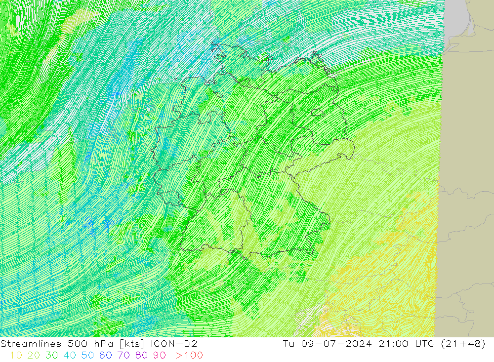 风 500 hPa ICON-D2 星期二 09.07.2024 21 UTC