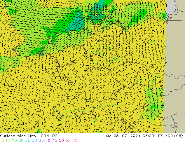 风 10 米 ICON-D2 星期一 08.07.2024 06 UTC