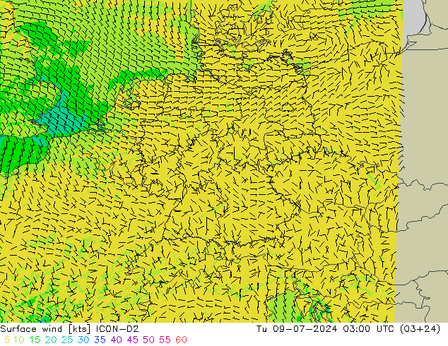 风 10 米 ICON-D2 星期二 09.07.2024 03 UTC