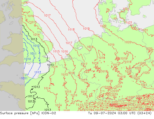 地面气压 ICON-D2 星期二 09.07.2024 03 UTC