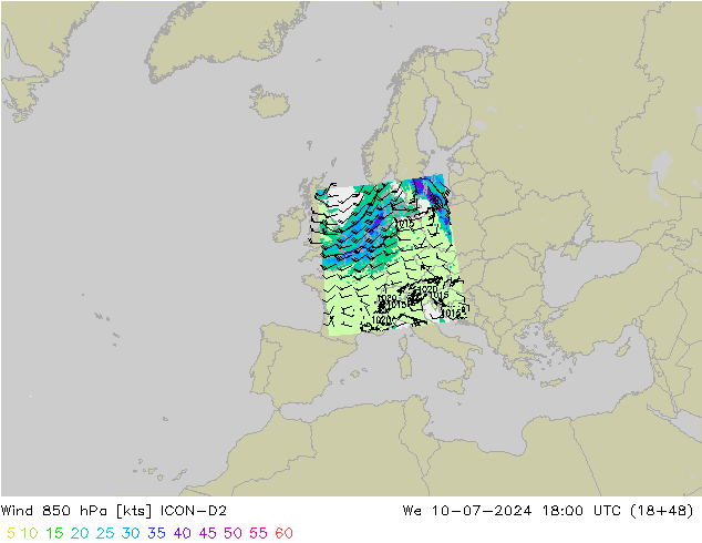 Wind 850 hPa ICON-D2 wo 10.07.2024 18 UTC