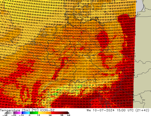 Temperatuurkaart (2m) ICON-D2 wo 10.07.2024 15 UTC