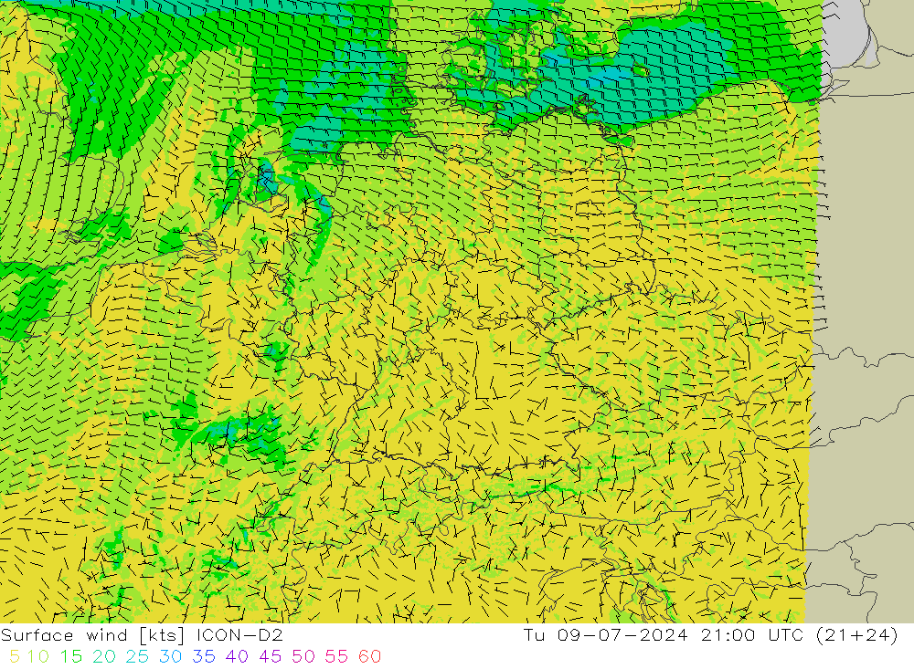 Wind 10 m ICON-D2 di 09.07.2024 21 UTC