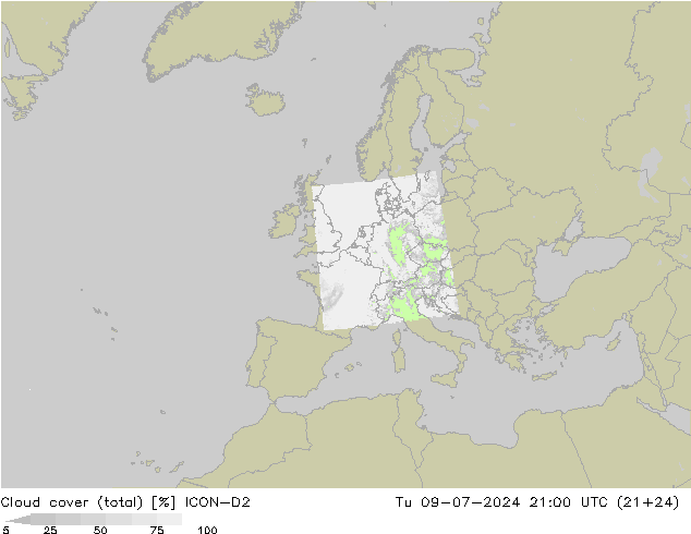 Bewolking (Totaal) ICON-D2 di 09.07.2024 21 UTC