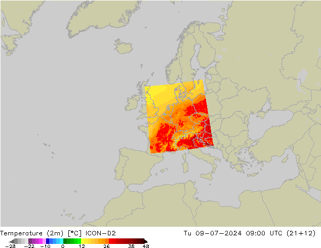 Temperatuurkaart (2m) ICON-D2 di 09.07.2024 09 UTC
