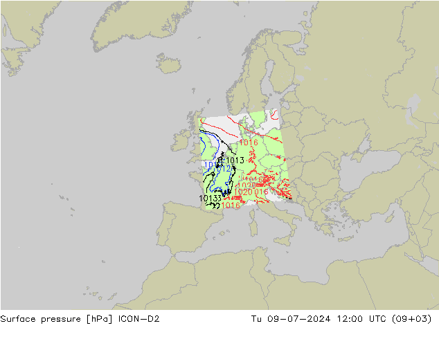 地面气压 ICON-D2 星期二 09.07.2024 12 UTC