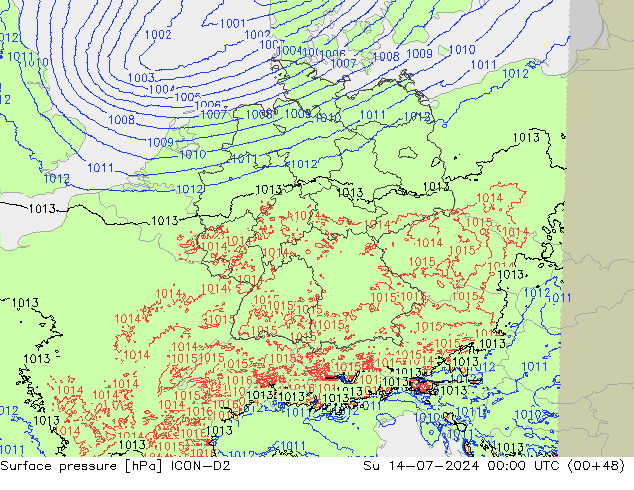 地面气压 ICON-D2 星期日 14.07.2024 00 UTC