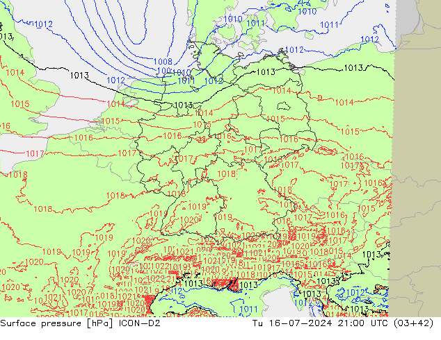 地面气压 ICON-D2 星期二 16.07.2024 21 UTC
