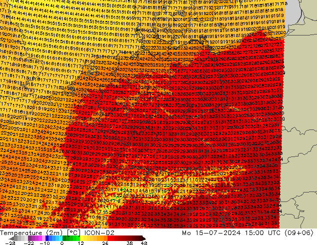 Temperatuurkaart (2m) ICON-D2 ma 15.07.2024 15 UTC