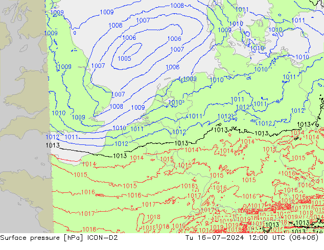 地面气压 ICON-D2 星期二 16.07.2024 12 UTC