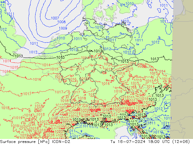 地面气压 ICON-D2 星期二 16.07.2024 18 UTC