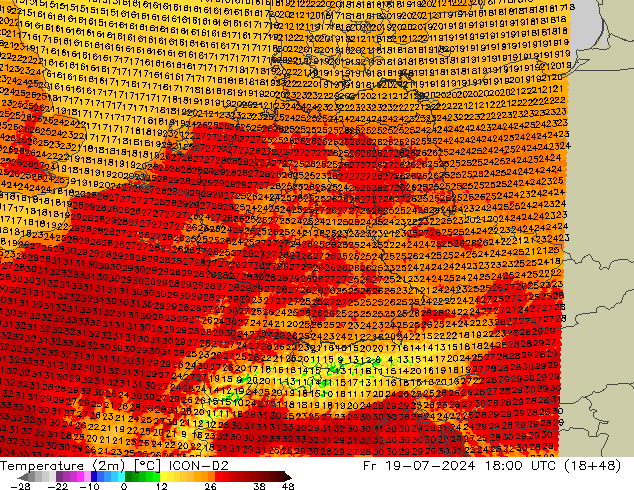 Temperatuurkaart (2m) ICON-D2 vr 19.07.2024 18 UTC
