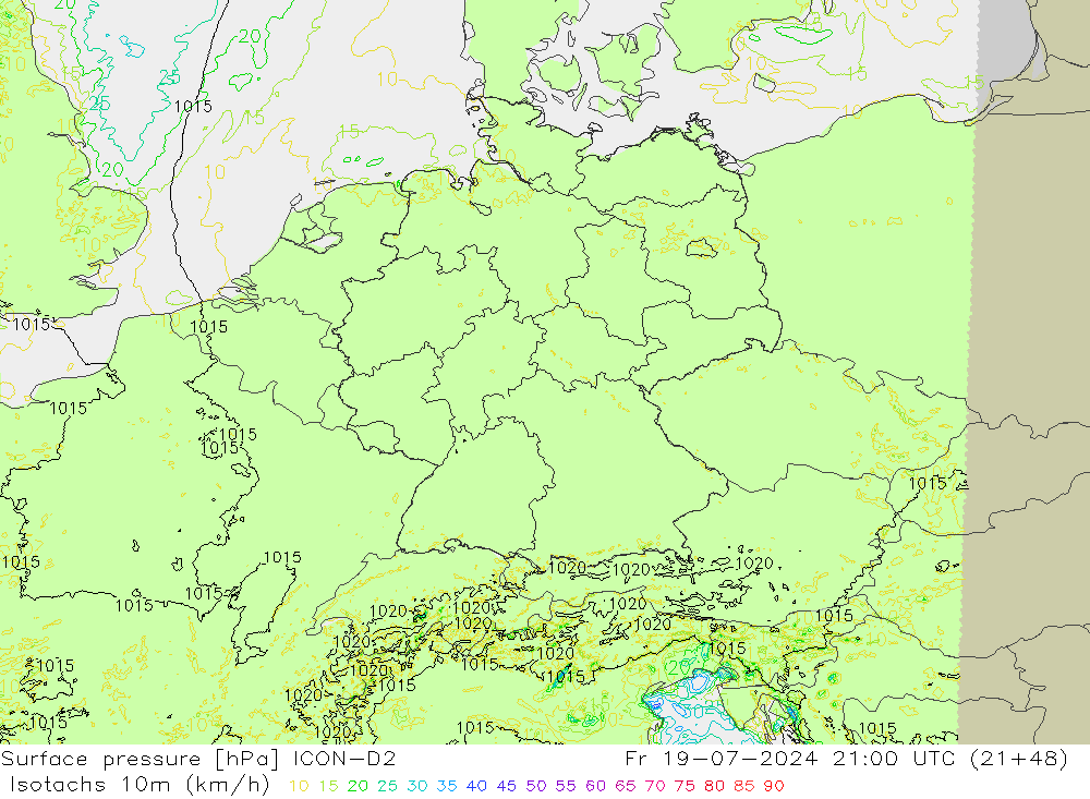 10米等风速线 (kph) ICON-D2 星期五 19.07.2024 21 UTC
