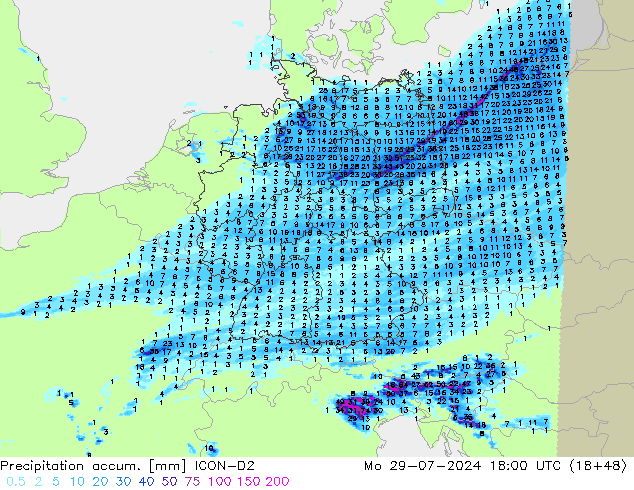 Totale neerslag ICON-D2 ma 29.07.2024 18 UTC