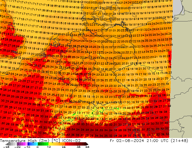 Temperature High (2m) ICON-D2 星期五 02.08.2024 21 UTC