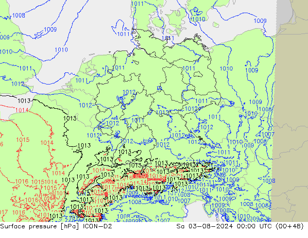 地面气压 ICON-D2 星期六 03.08.2024 00 UTC