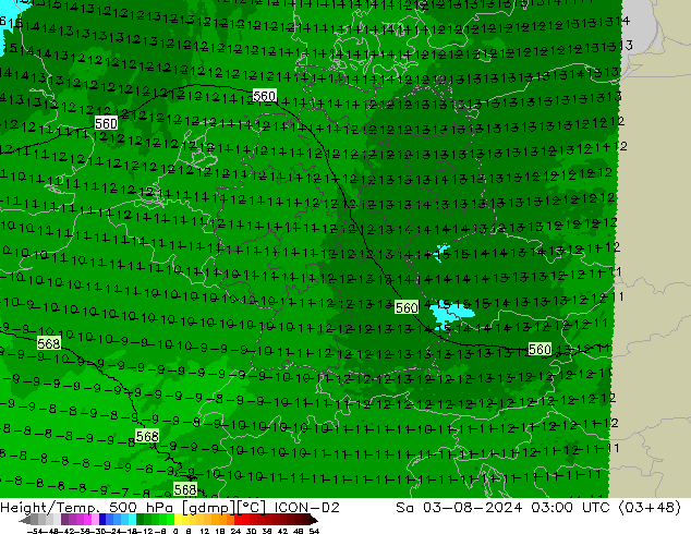 Height/Temp. 500 hPa ICON-D2 星期六 03.08.2024 03 UTC