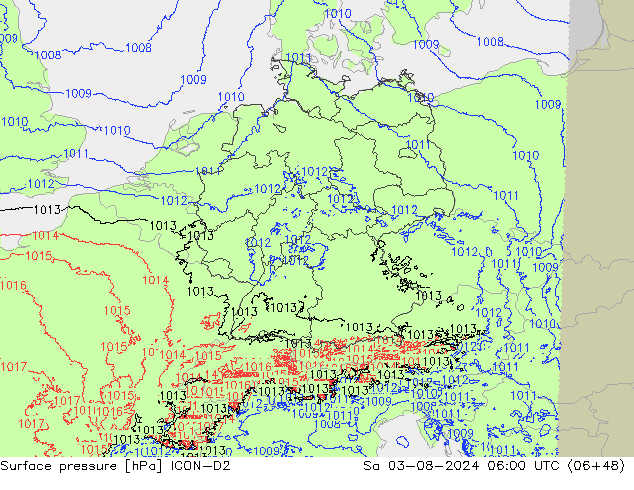 地面气压 ICON-D2 星期六 03.08.2024 06 UTC