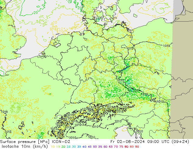 10米等风速线 (kph) ICON-D2 星期五 02.08.2024 09 UTC