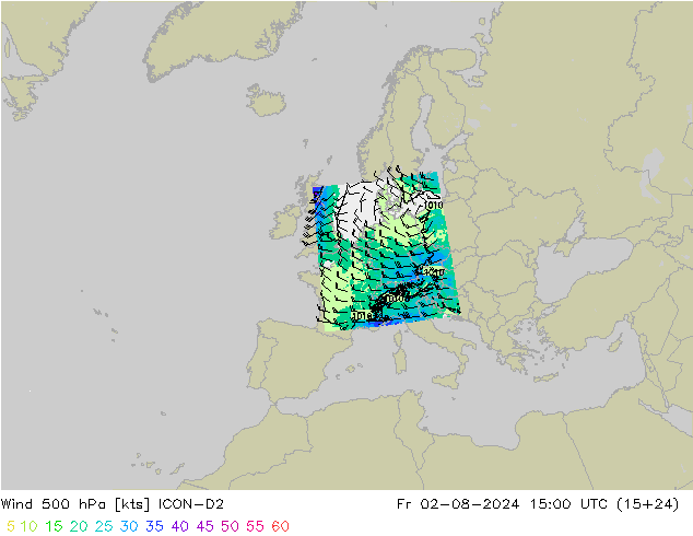 风 500 hPa ICON-D2 星期五 02.08.2024 15 UTC