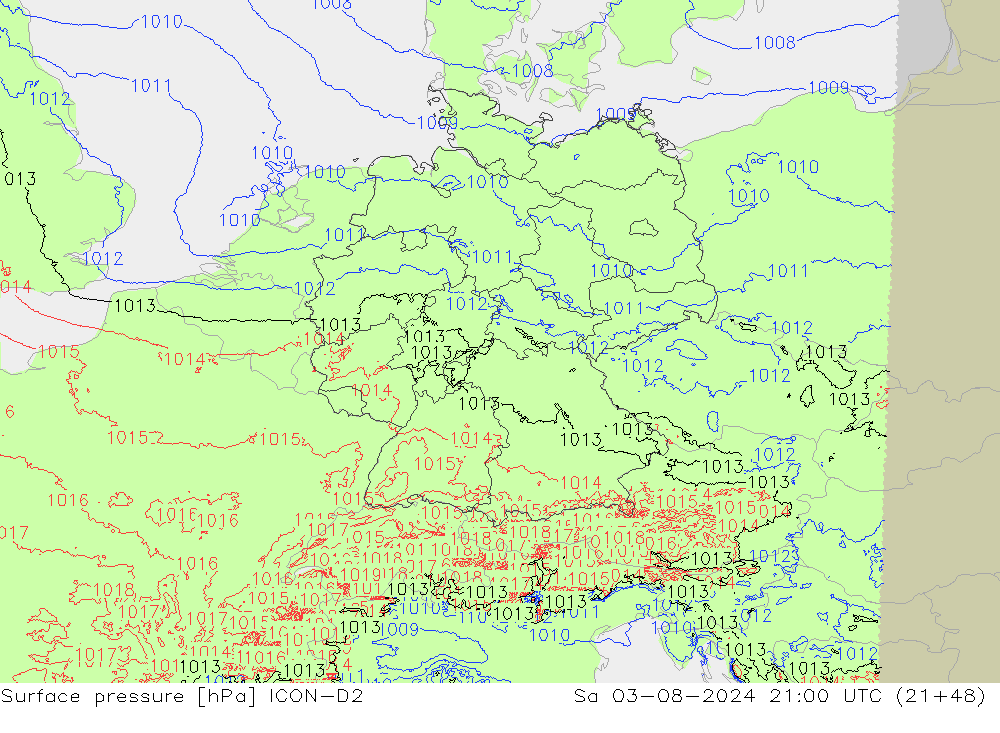 Luchtdruk (Grond) ICON-D2 za 03.08.2024 21 UTC