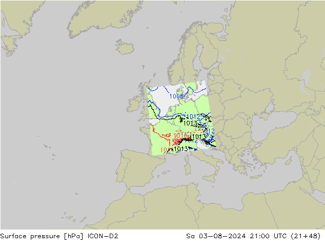 Luchtdruk (Grond) ICON-D2 za 03.08.2024 21 UTC